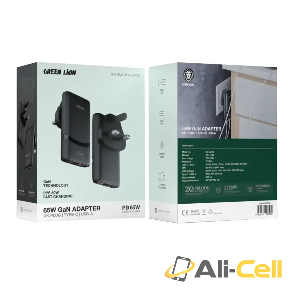Green Lion 65W Gan Adapter Type-C Ports | UK Plug - Black — 2