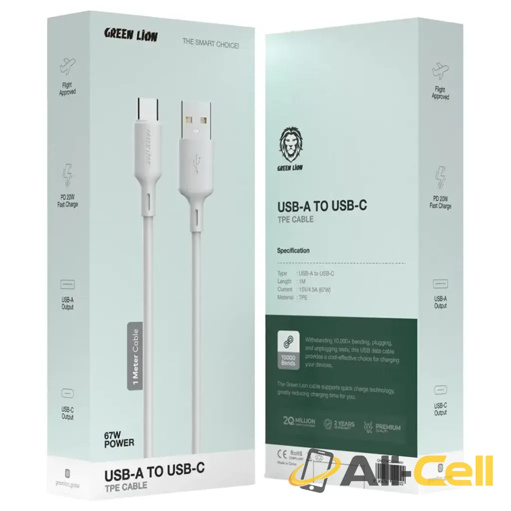 Green Lion 67W USB-A to USB-C TPE Cable 1m - White — 2