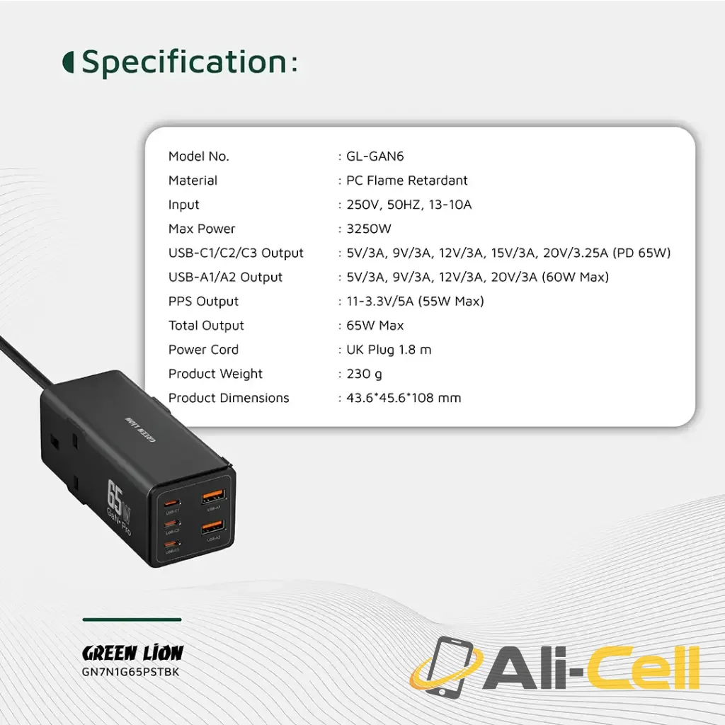 Green Lion 7 In 1 GaN 65W Power Strip - Black — 2
