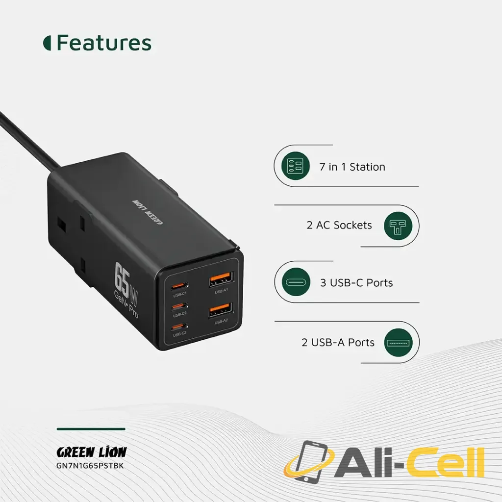 Green Lion 7 In 1 GaN 65W Power Strip - Black — 3