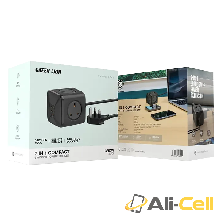 Green Lion 7 In 1 Compact 33W PPS Power Socket - Black — 3