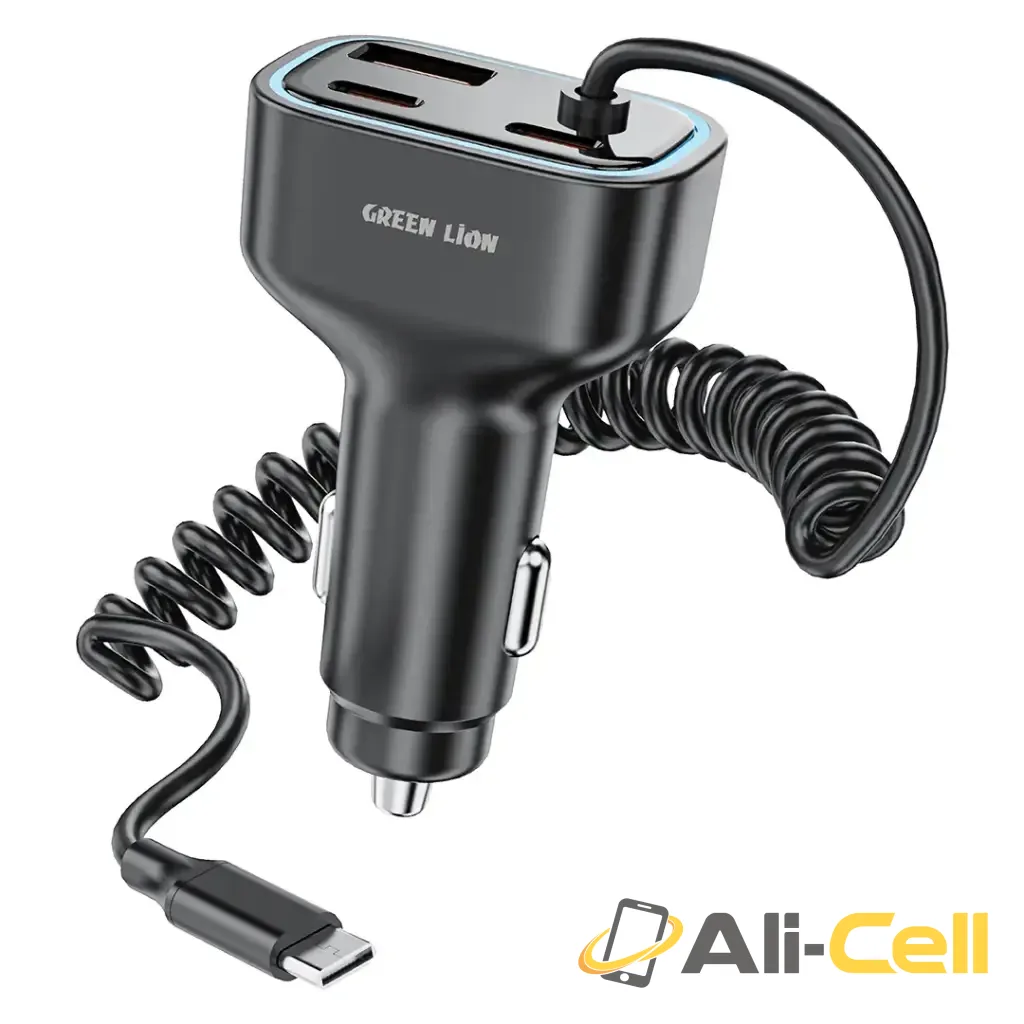 Green Lion 90W Car Charger with Dual PD & Built-In USB-C Cable & USB-A - Grey