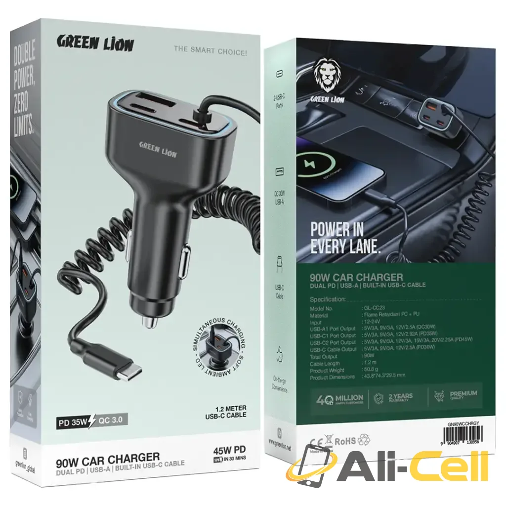 Green Lion 90W Car Charger with Dual PD & Built-In USB-C Cable & USB-A - Grey — 3