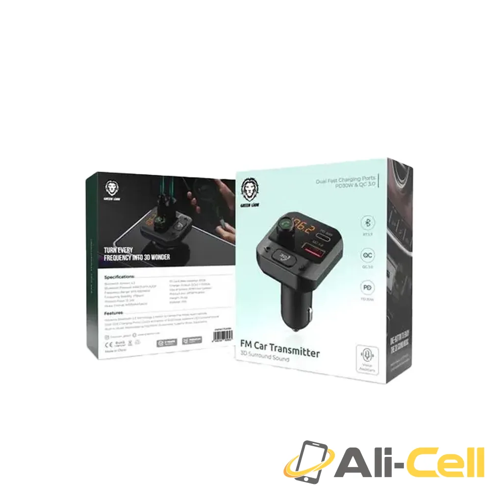 Green Lion Car FM Transmitter with 3D Surround Sound PD 30W & QC 3.0 - Black — 2