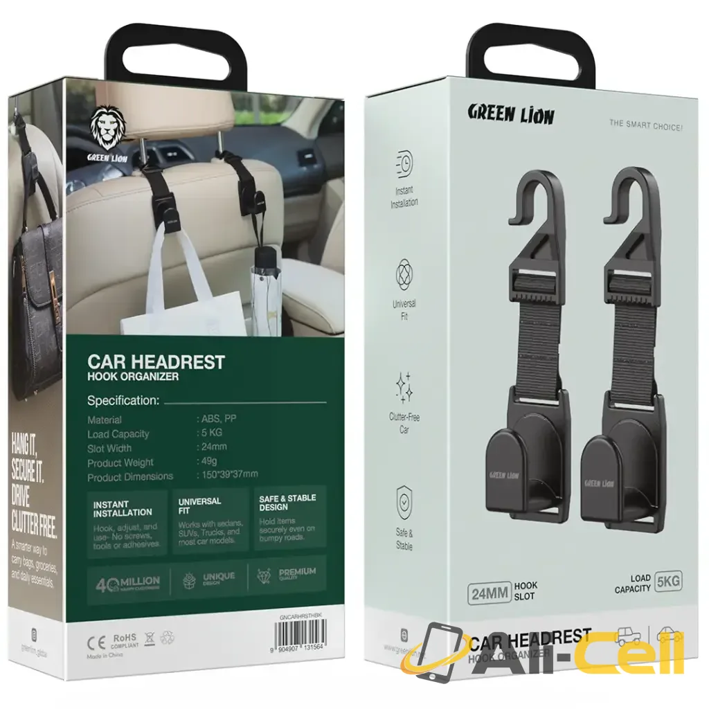 Green Lion Car Headrest Hook Organizer - Black — 2
