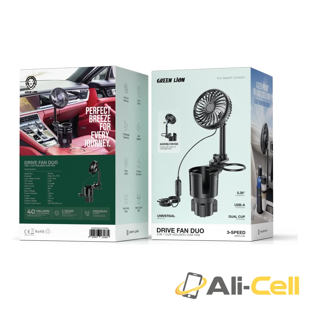 Green Lion Drive Fan Duo 2-In-1 Cup Holder with Car Fan - Black — 2