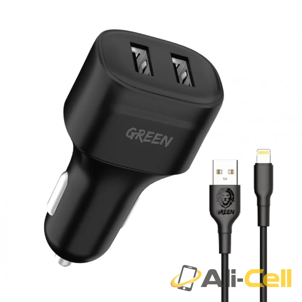 Green Lion Dual Port Car Charger 12W with PVC Lightning Cable 1.2M - Black