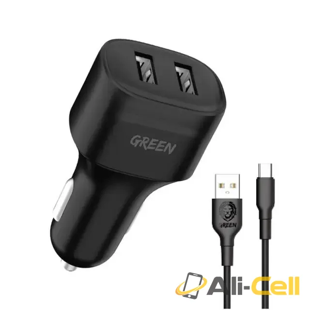 Green Lion Dual Port Car Charger 12W with PVC Type-C Cable 1.2M