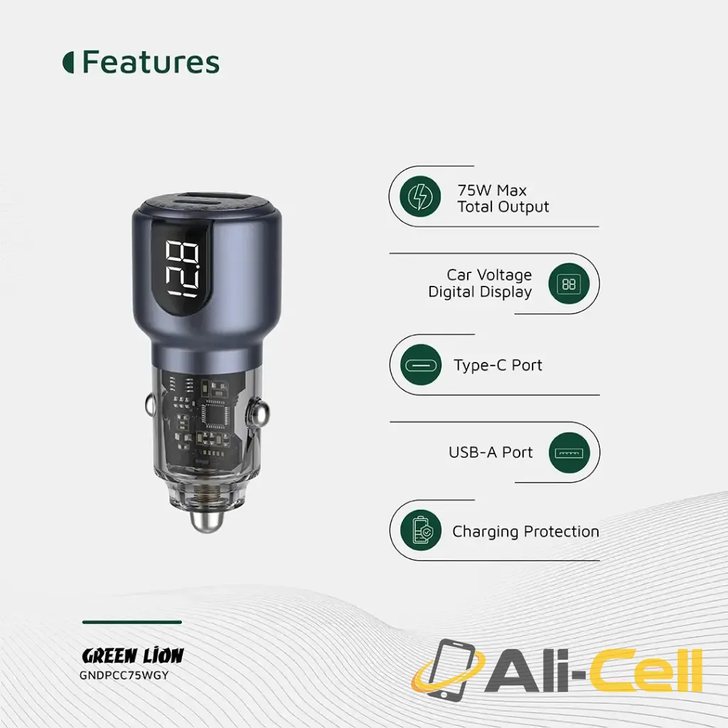 Green Lion Dual Port Car Charger PD + QC 75W - Gray — 3