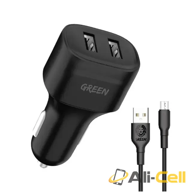 Green Lion Dual Port Car Charger 12W with PVC Micro USB Cable 1.2M