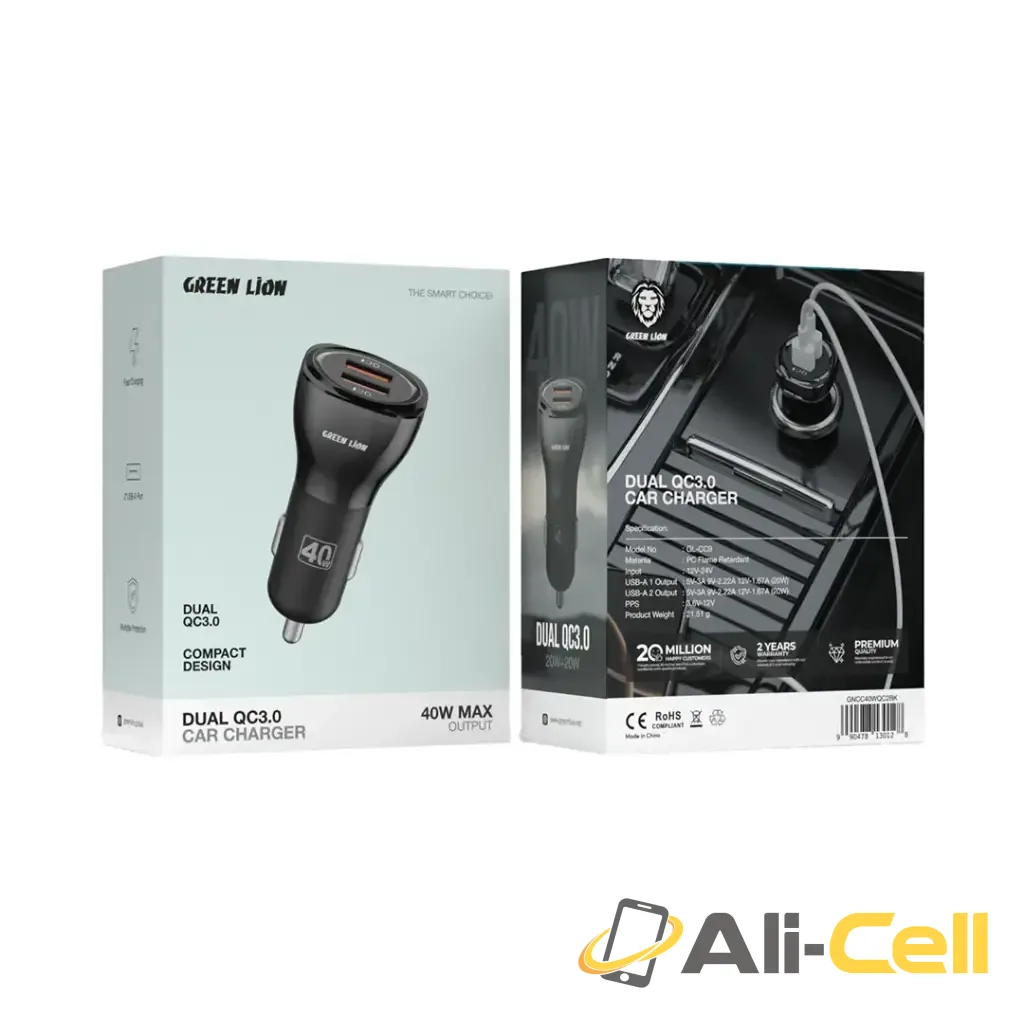Green Lion Dual QC3.0 Car Charger 40W  - Black — 2
