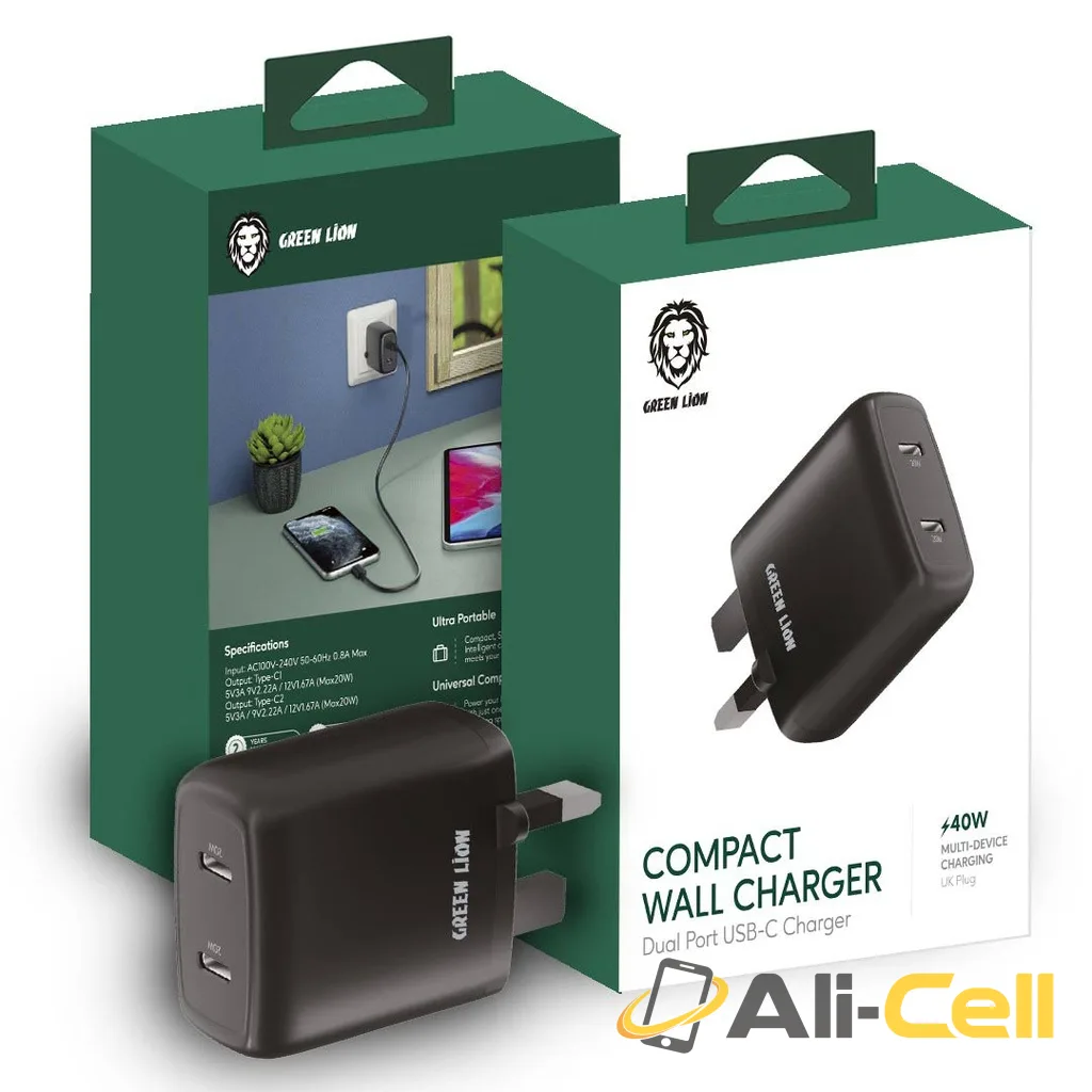 Green Lion Dual Port USB-C Wall Charger 40W UK - Black — 2