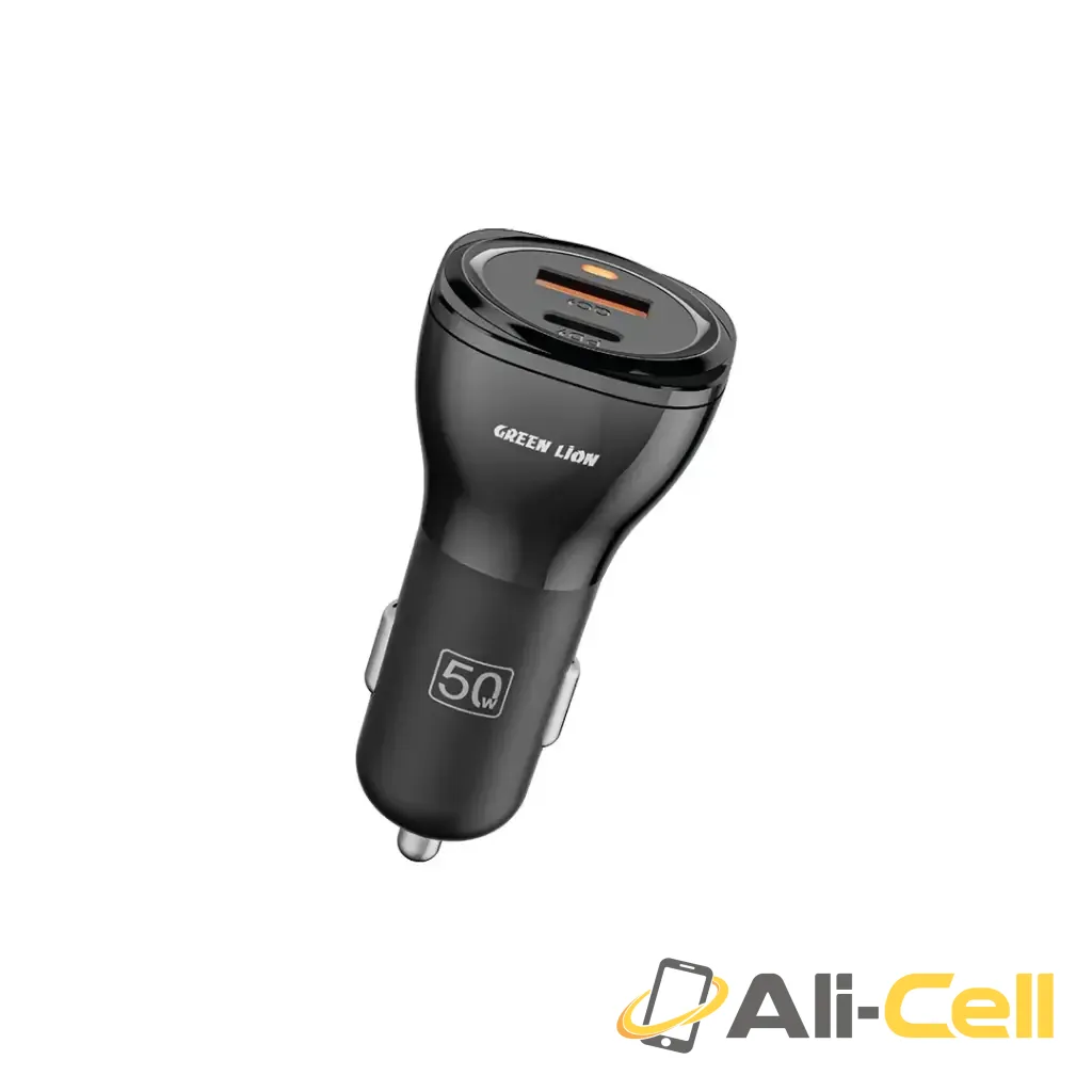 Green Lion Dual Port Car Charger 50W (with C to C / C to L Cable) - Black
