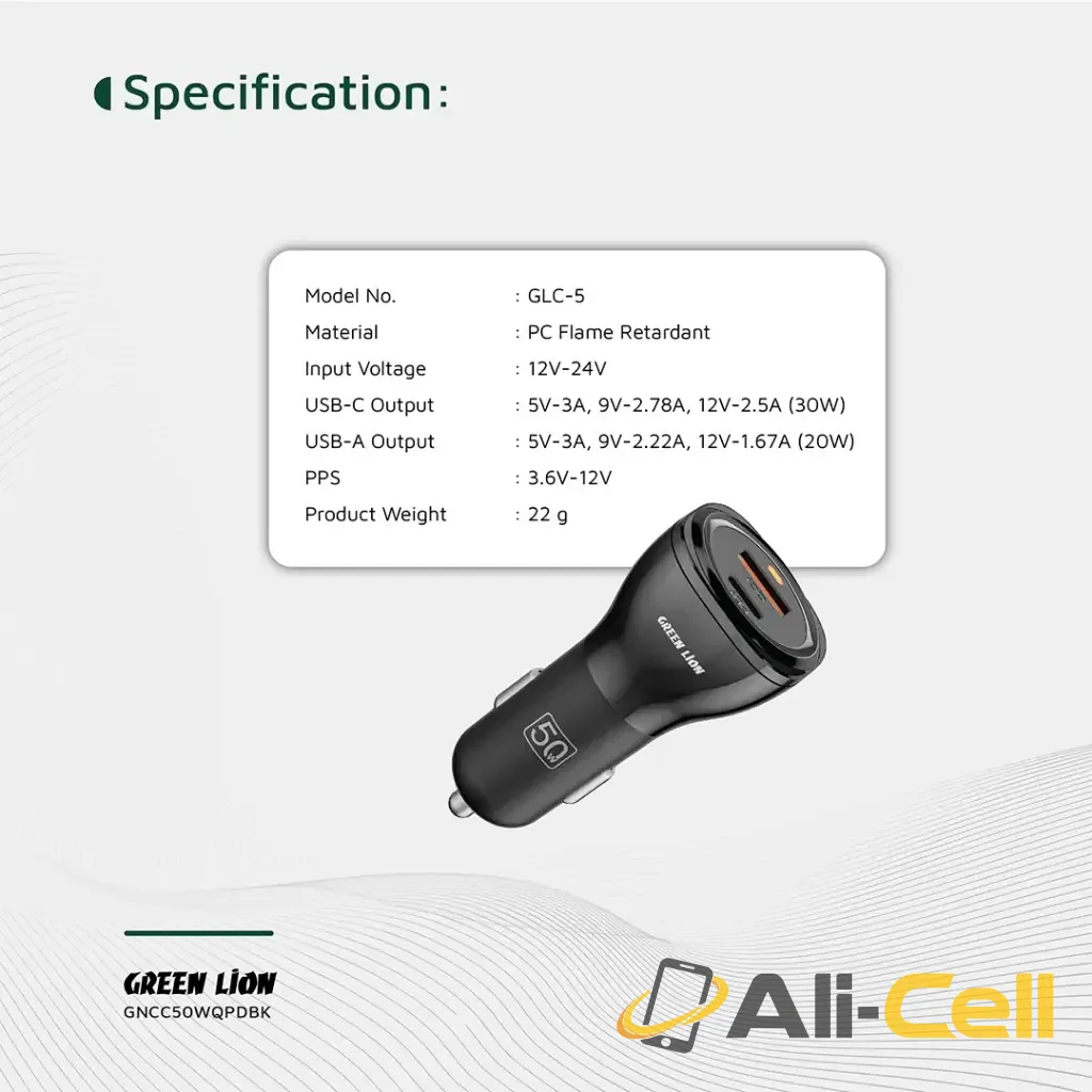 Green Lion Dual Port Car Charger 50W (with C to C / C to L Cable) - Black — 2
