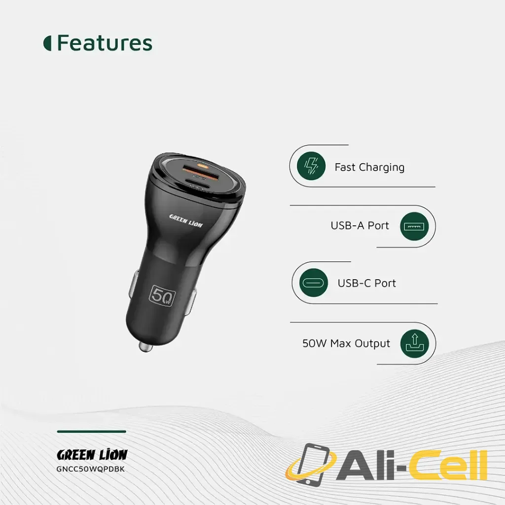 Green Lion Dual Port Car Charger 50W (with C to C / C to L Cable) - Black — 3