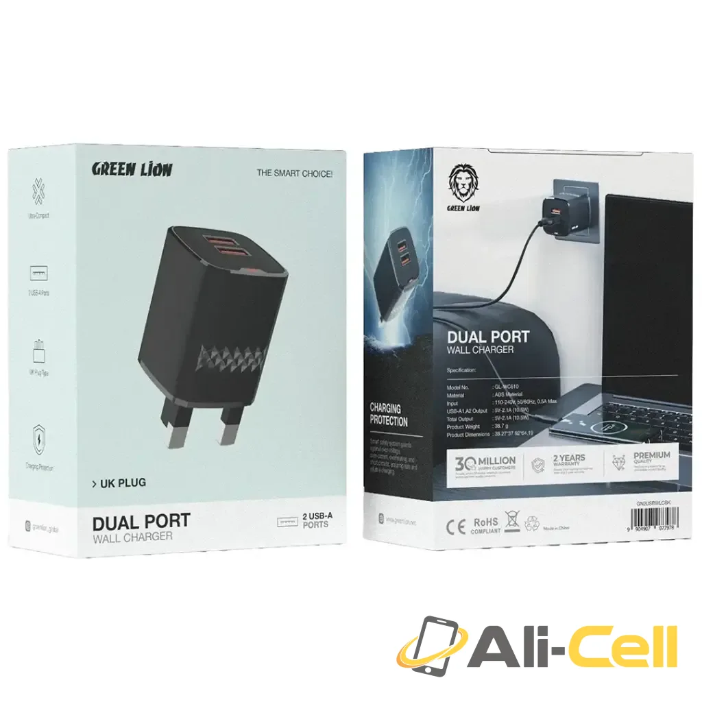 Green Lion Dual Port Wall Charger - Black — 2