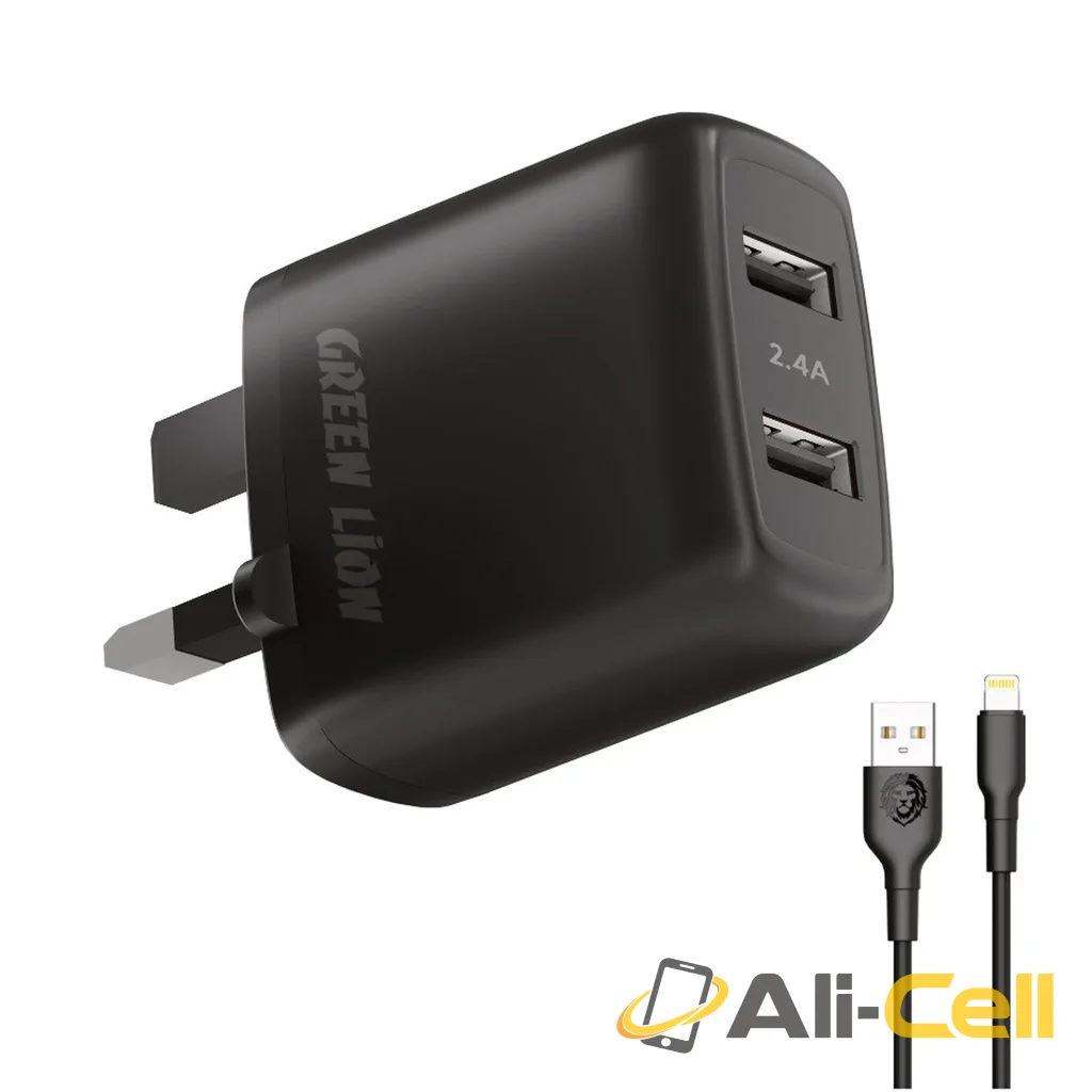 Green Lion Dual USB Port Wall Charger 12W UK with PVC Lightning Cable 1.2M - Black