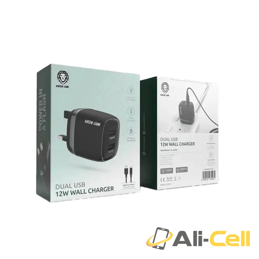 Green Lion Dual USB 12W Wall Charger with USB-A to Micro Cable 1M UK - Black — 2