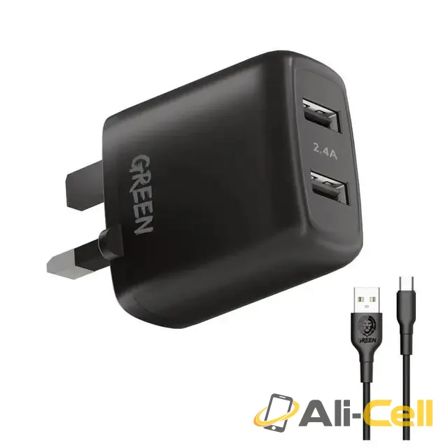 Green Lion Dual USB Port Wall Charger 12W UK with PVC Type-C Cable 1.2M