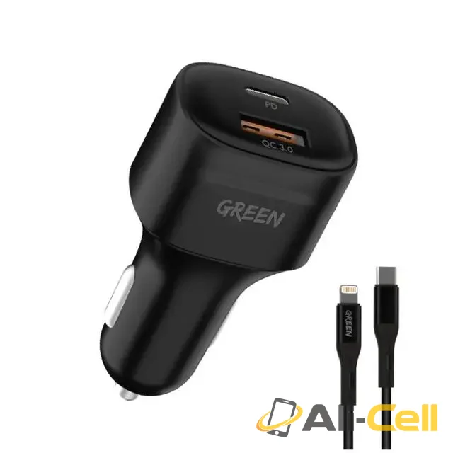 Green Lion Dual Port Car Charger PD+QC3.0 20W with PVC Type-C to Lightning Cable 1.2M