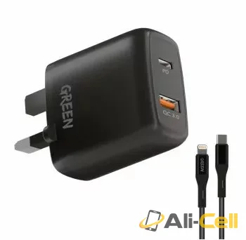 Green Lion Dual USB Port Wall Charger PD+QC3.0 20W UK with PVC Type-C to Lightning Cable 1.2M