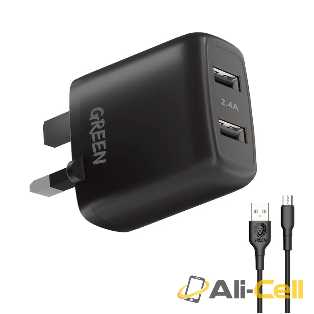 Green Lion Dual USB Port Wall Charger 12W UK with PVC Micro USB Cable 1.2M - Black