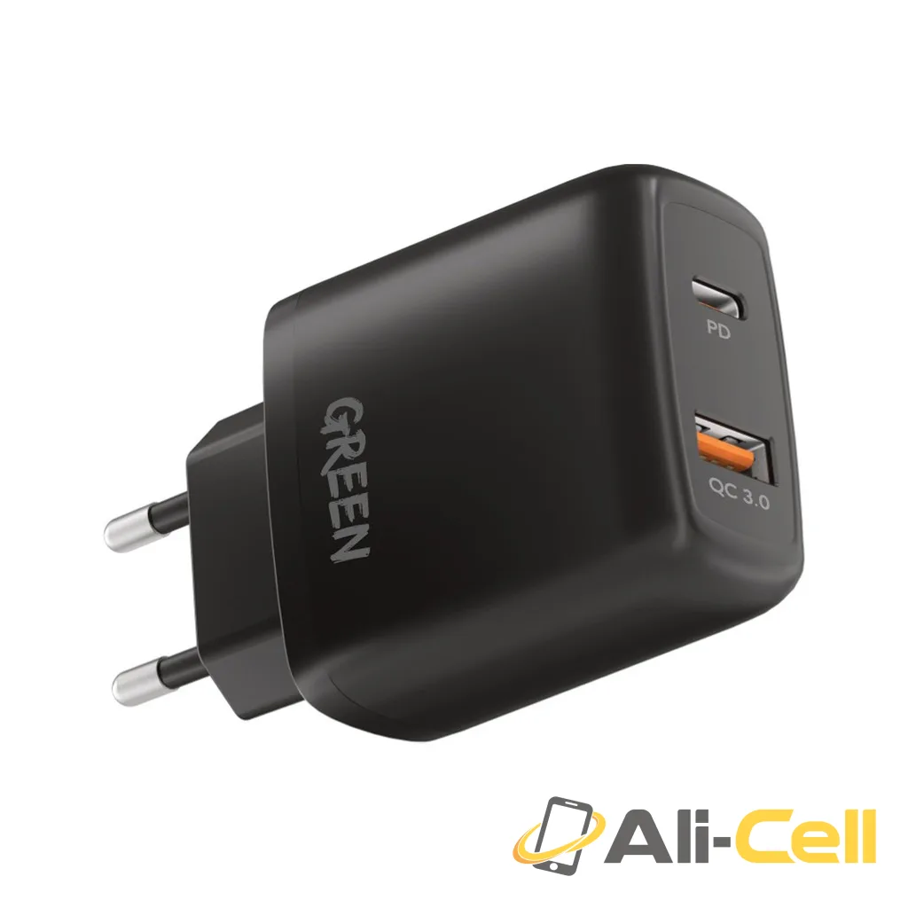 Green Lion Dual USB Port Wall Charger PD+QC3.0 20W EU - Black