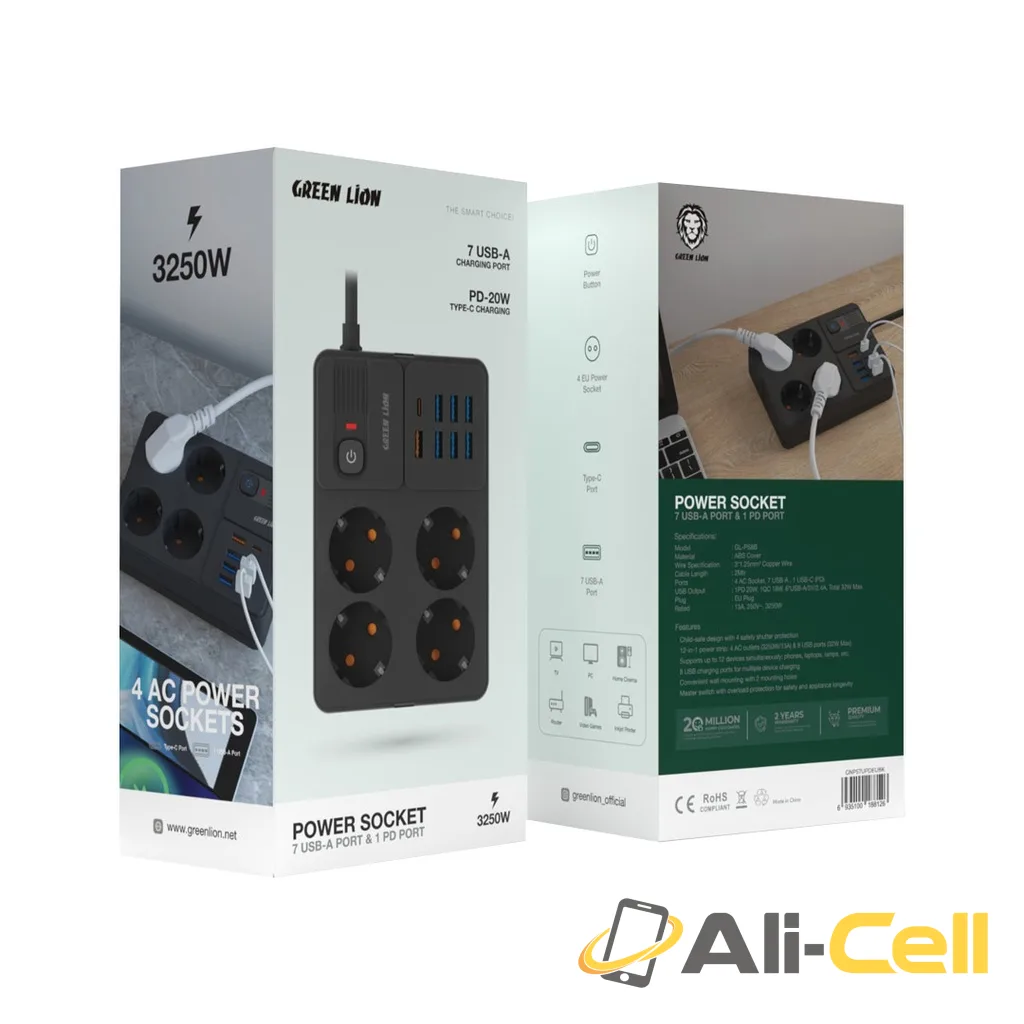 Green Lion EU Power Socket 7 USB-A Port & 1 PD Port - Black — 2