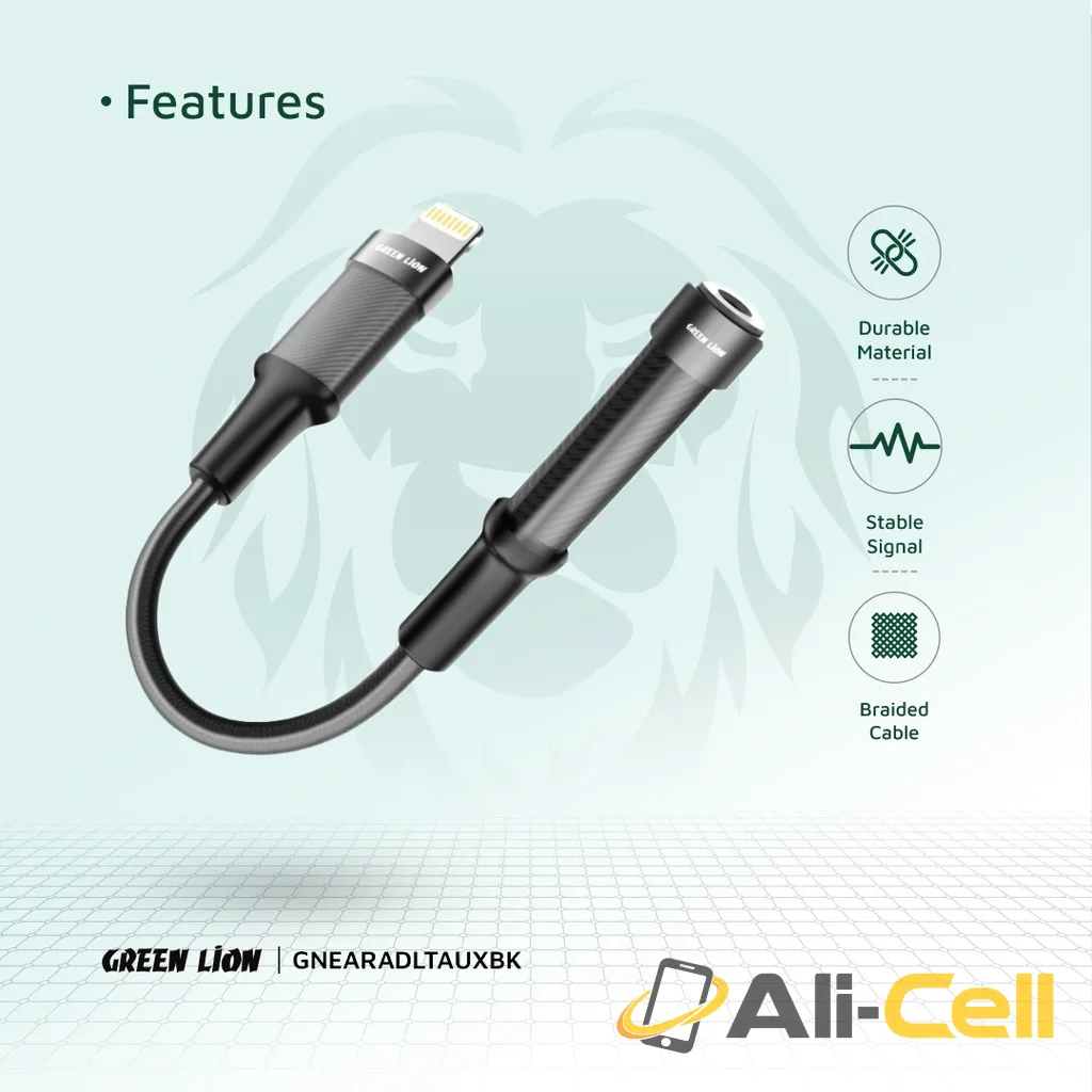 Green Lion Earphone Adapter Lightning to 3.5 Aux 12CM - Black — 3