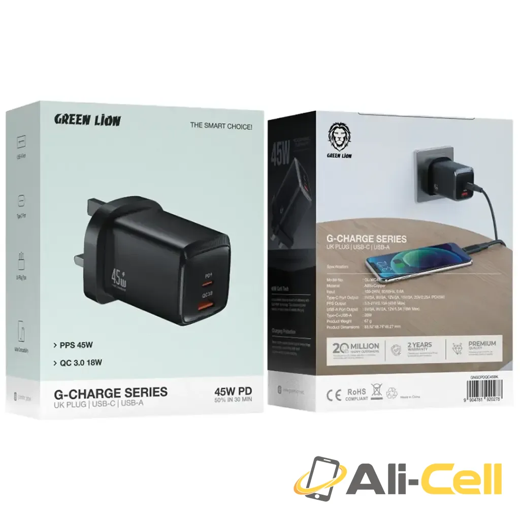 Green Lion G-Charge Series Dual Port Wall Charger 45W UK Plug - Black — 2
