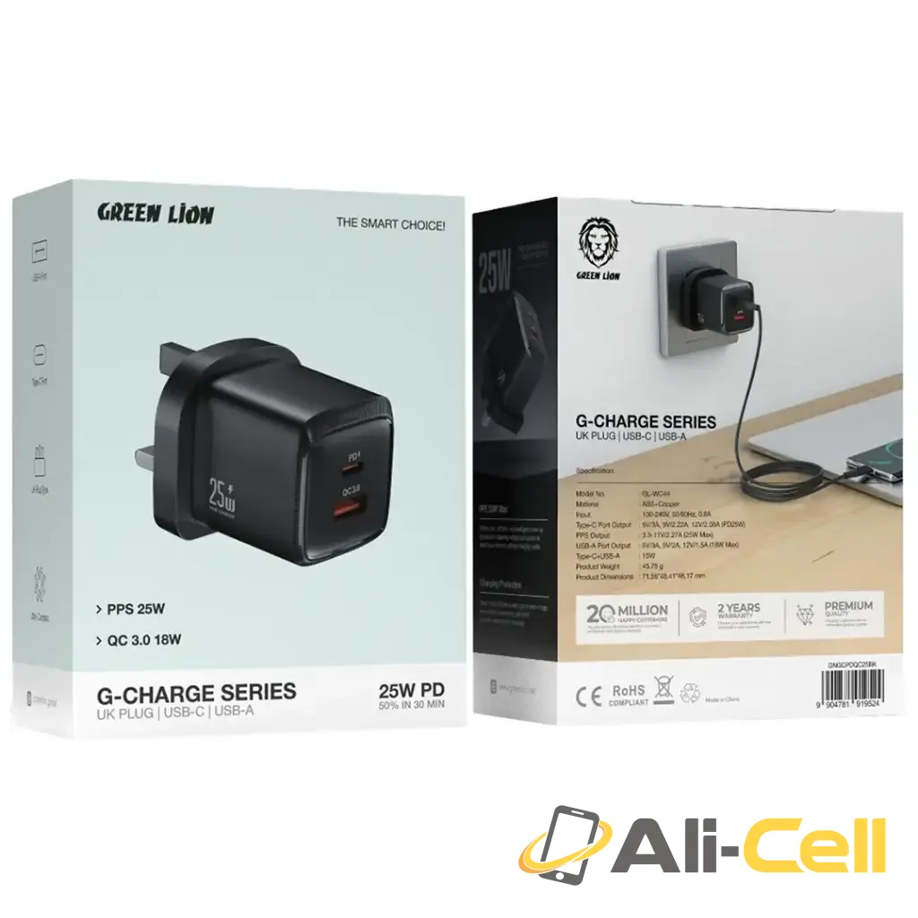 Green Lion G-Charge Series Dual Port Wall Charger 25W UK Plug - Black — 2