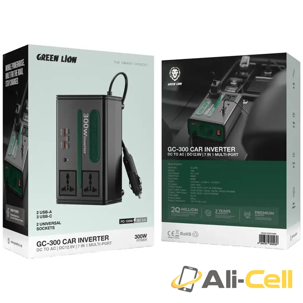 Green Lion GC-300 Car Inverter 7-In-1 Multi-Port with DC to AC & DC 12.8V - Black — 2