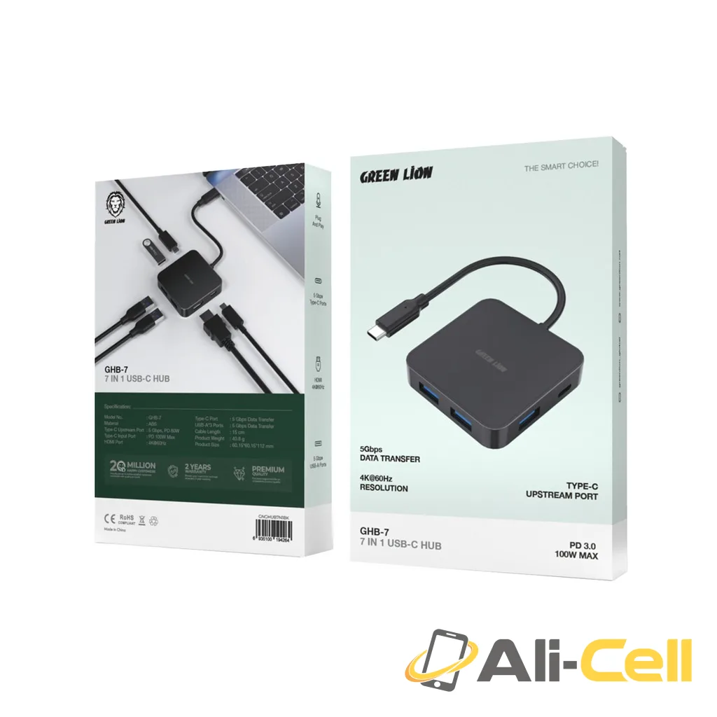 Green Lion GHB-7 7 in 1 USB-C HUB - Black — 2