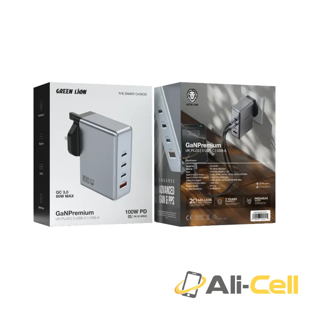 Green Lion GaN Premium UK Plug Wall Charger 100W - Gray — 2