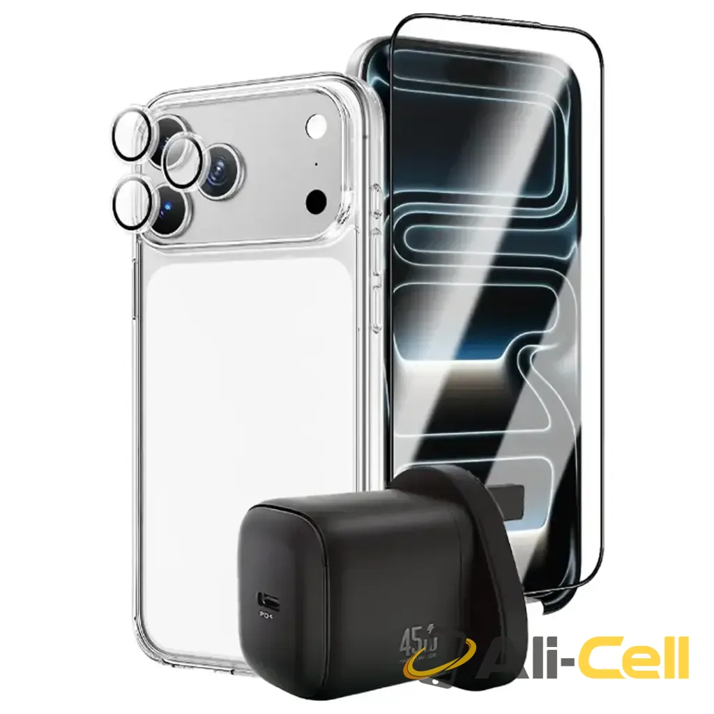 Green Lion GaN Charger, Screen Protector, Clear Case and Camera Lens Prime Combo for iPhone 17 Pro/Pro Max