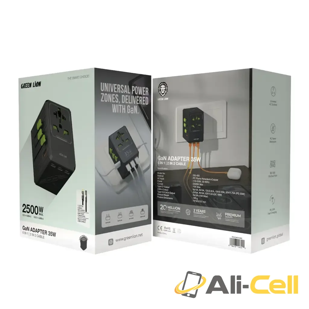 Green Lion GaN Adapter 35W 6 in 1 | 2 in 2 Cable - Black — 2