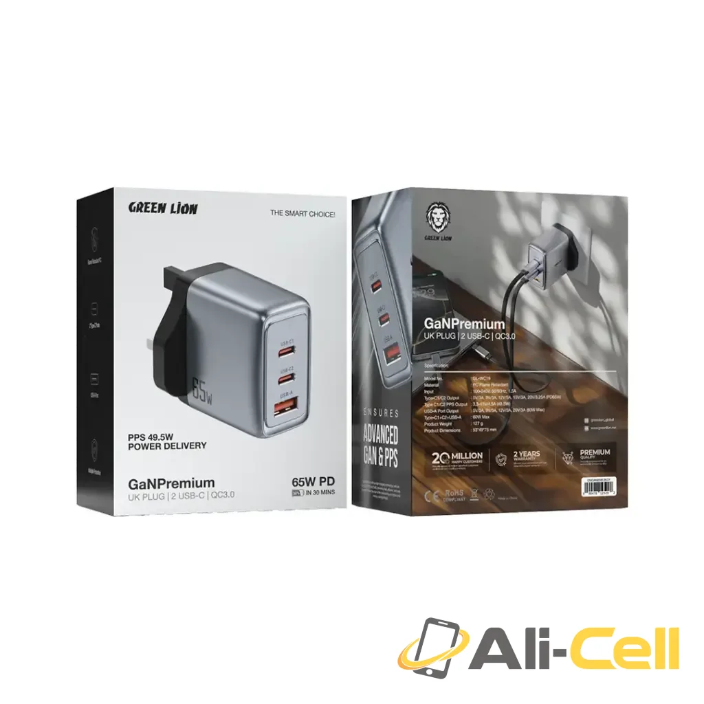 Green Lion GaN Premium UK Plug Wall Charger 65W - Gray — 2
