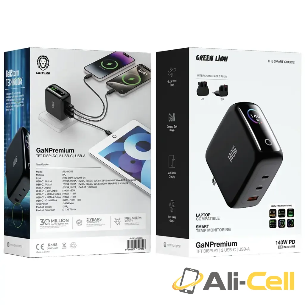 Green Lion GaNPremium Adapter with TFT Display & 2 USB-C & USB-A - Black — 2