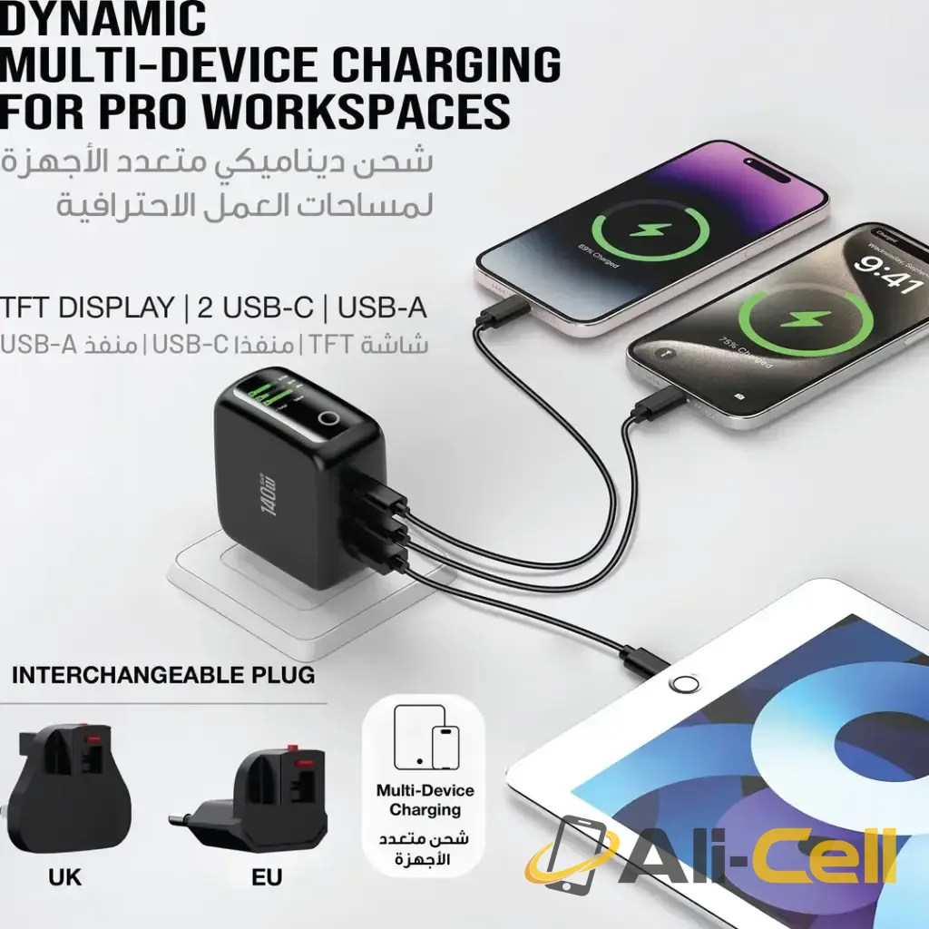 Green Lion GaNPremium Adapter with TFT Display & 2 USB-C & USB-A - Black — 3