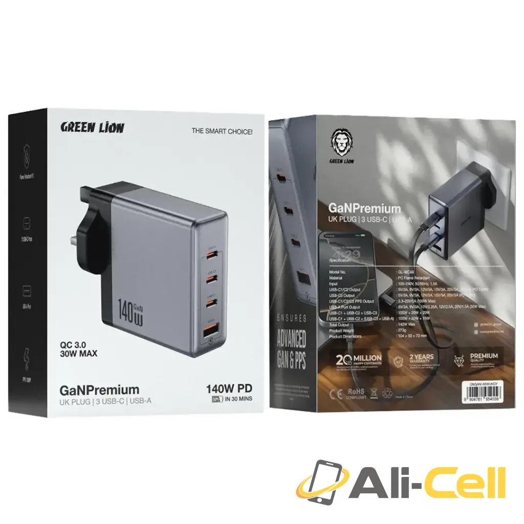 Green Lion GaN Premium UK Plug Wall Charger 140W - Gray — 2