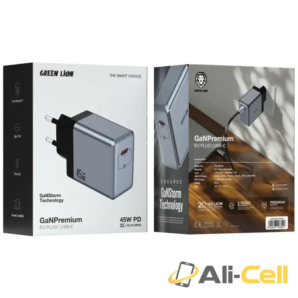 Green Lion Gan Premium EU Plug Wall Charger PD 45W - Gray — 2