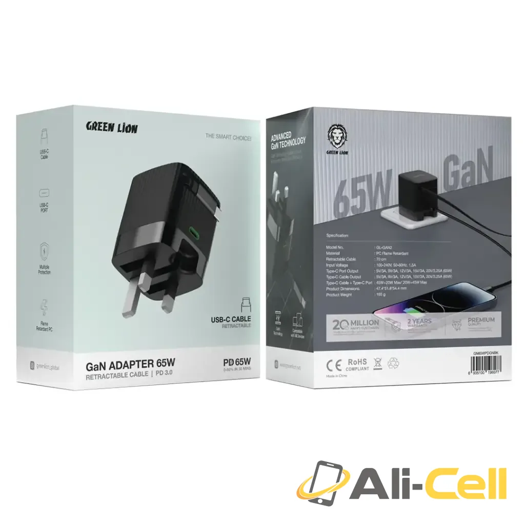 Green Lion Gan Adapter 65W Retractable Cable PD 3.0 — 2