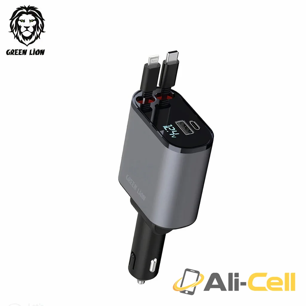 Green Lion Integrated Car Charger with Retractable Cables 38W - Gray