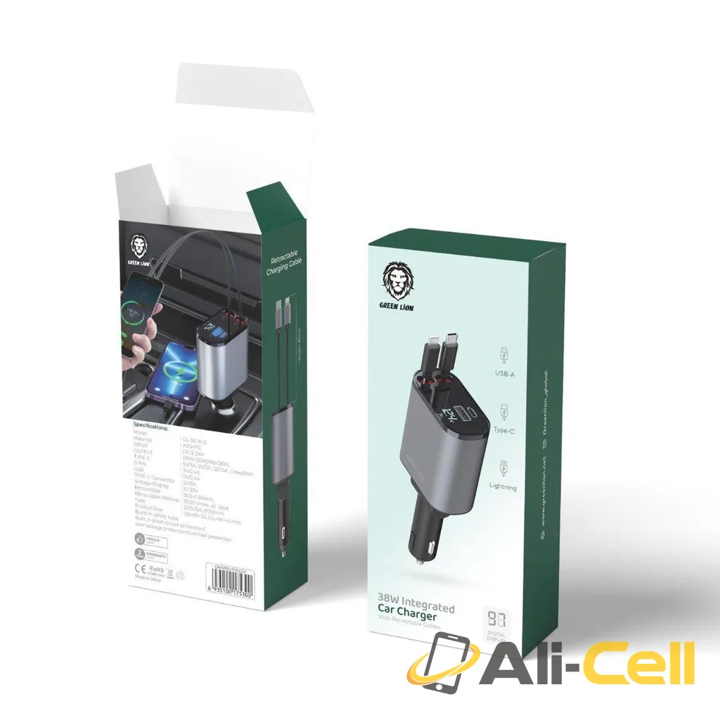 Green Lion Integrated Car Charger with Retractable Cables 38W - Gray — 2