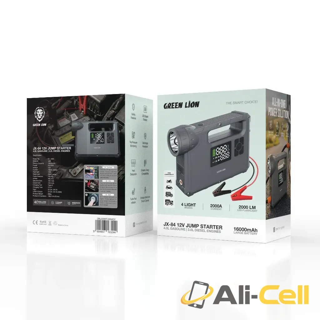Green Lion JX-84 12V Jump Starter - 4L Gasoline, 3L Diesel Engines, 16000mAh - Grey — 3