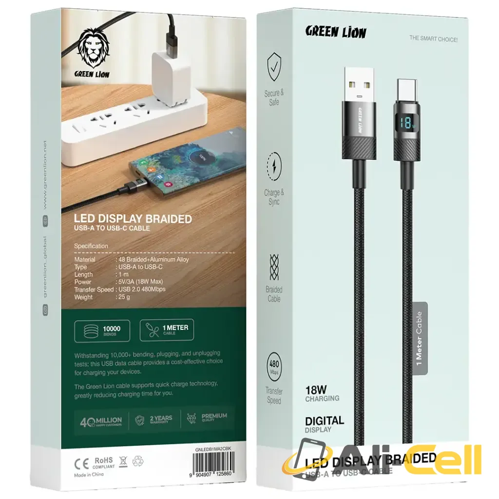 Green Lion LED Display Braided USB-A to USB-C Cable - Black — 2