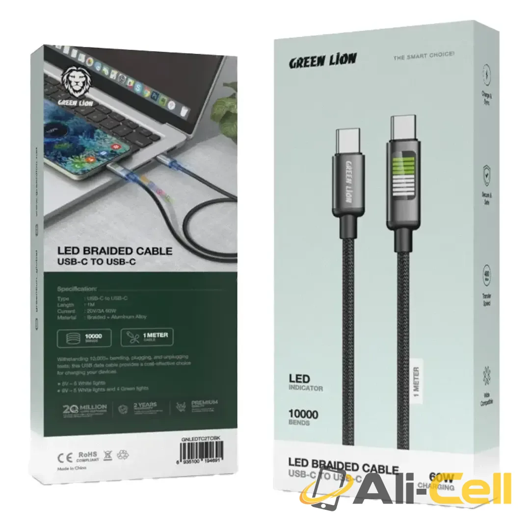 Green Lion LED Braided USB-C to USB-C Cable - Black — 2