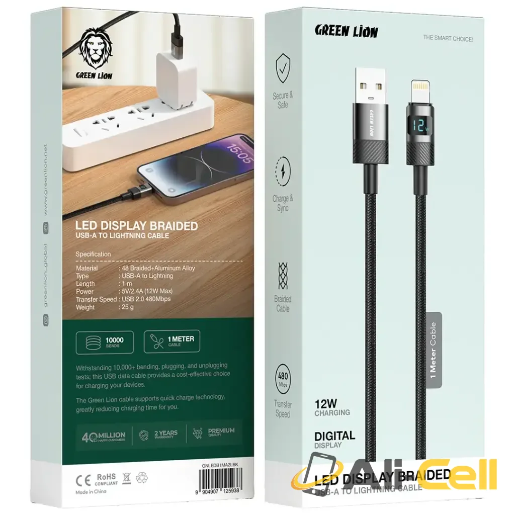 Green Lion LED Display Braided USB-A to Lightning Cable - Black — 2