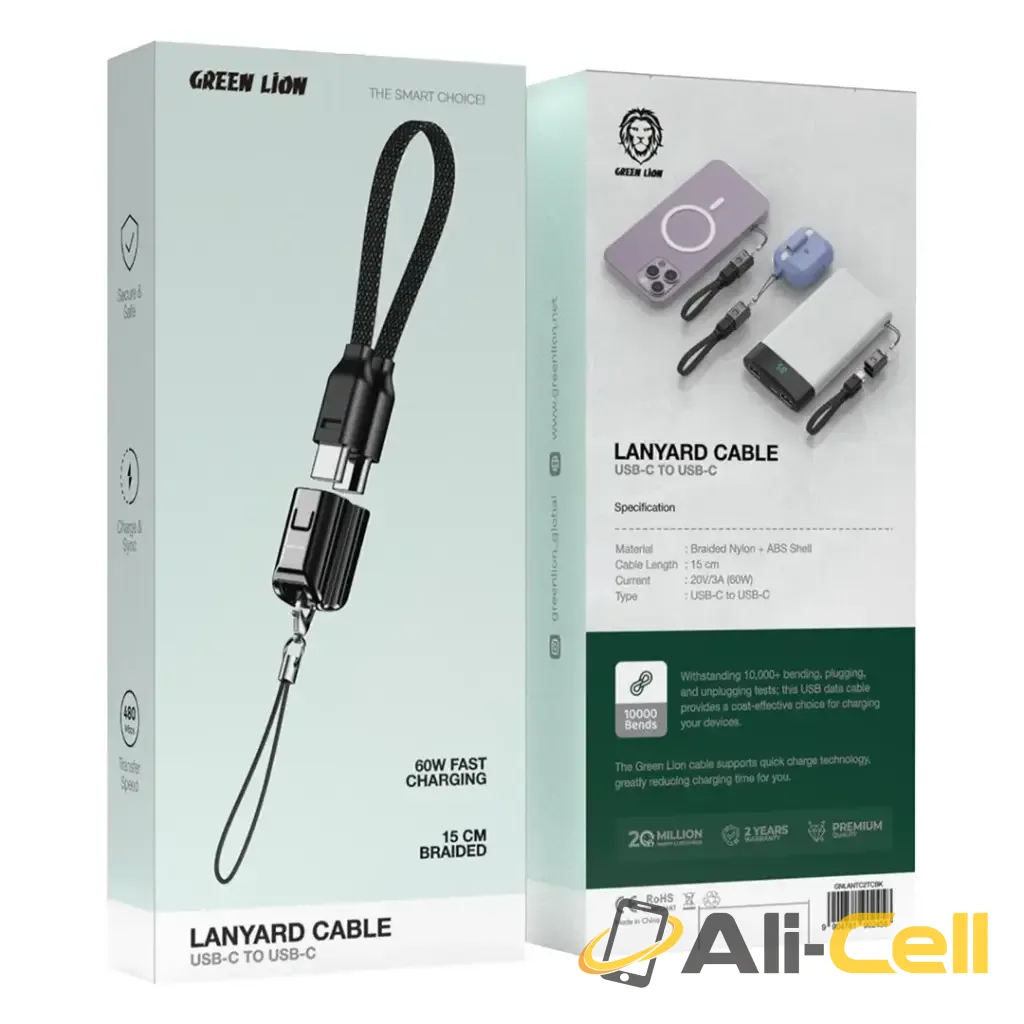 Green Lion Lanyard Cable USB-C to USB-C 60W - Black — 2