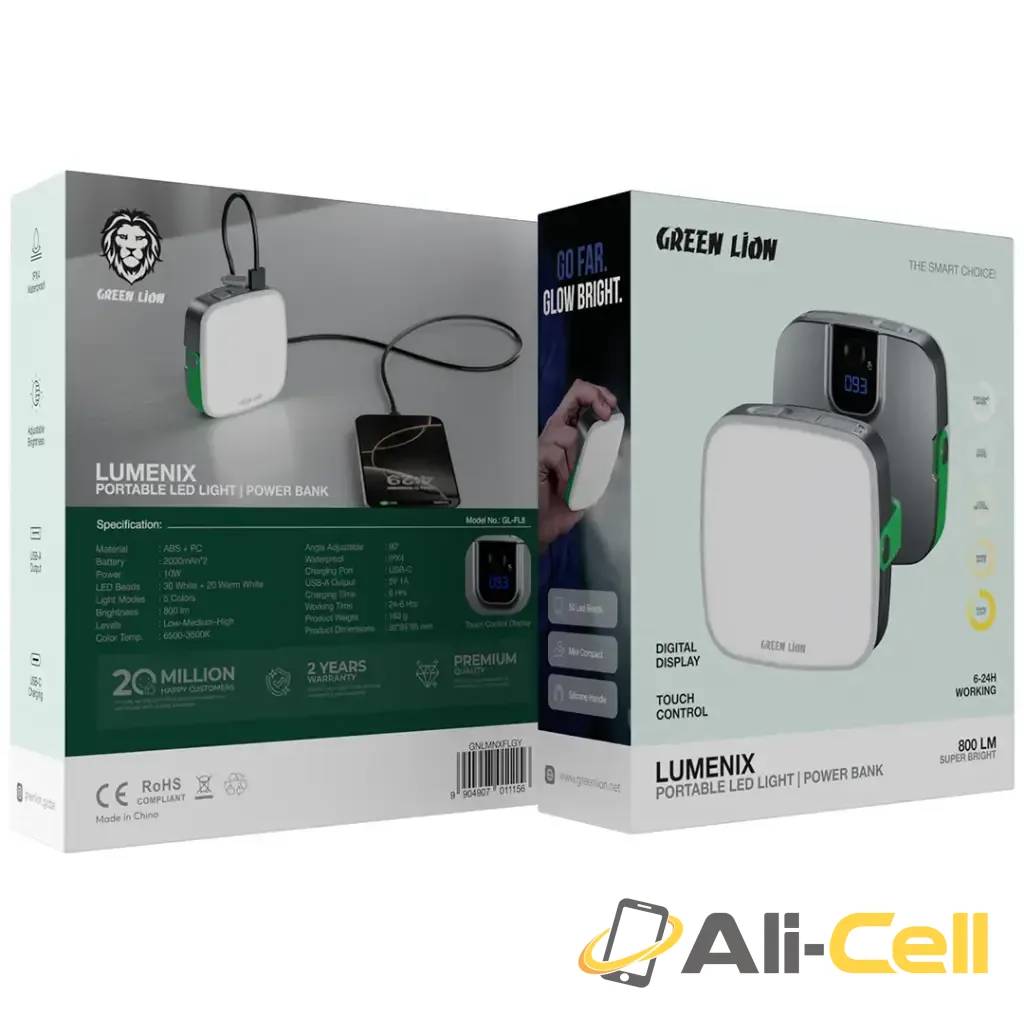 Green Lion Lumenix Portable LED Light with Power Bank (2000mAh×2) - Gray — 3
